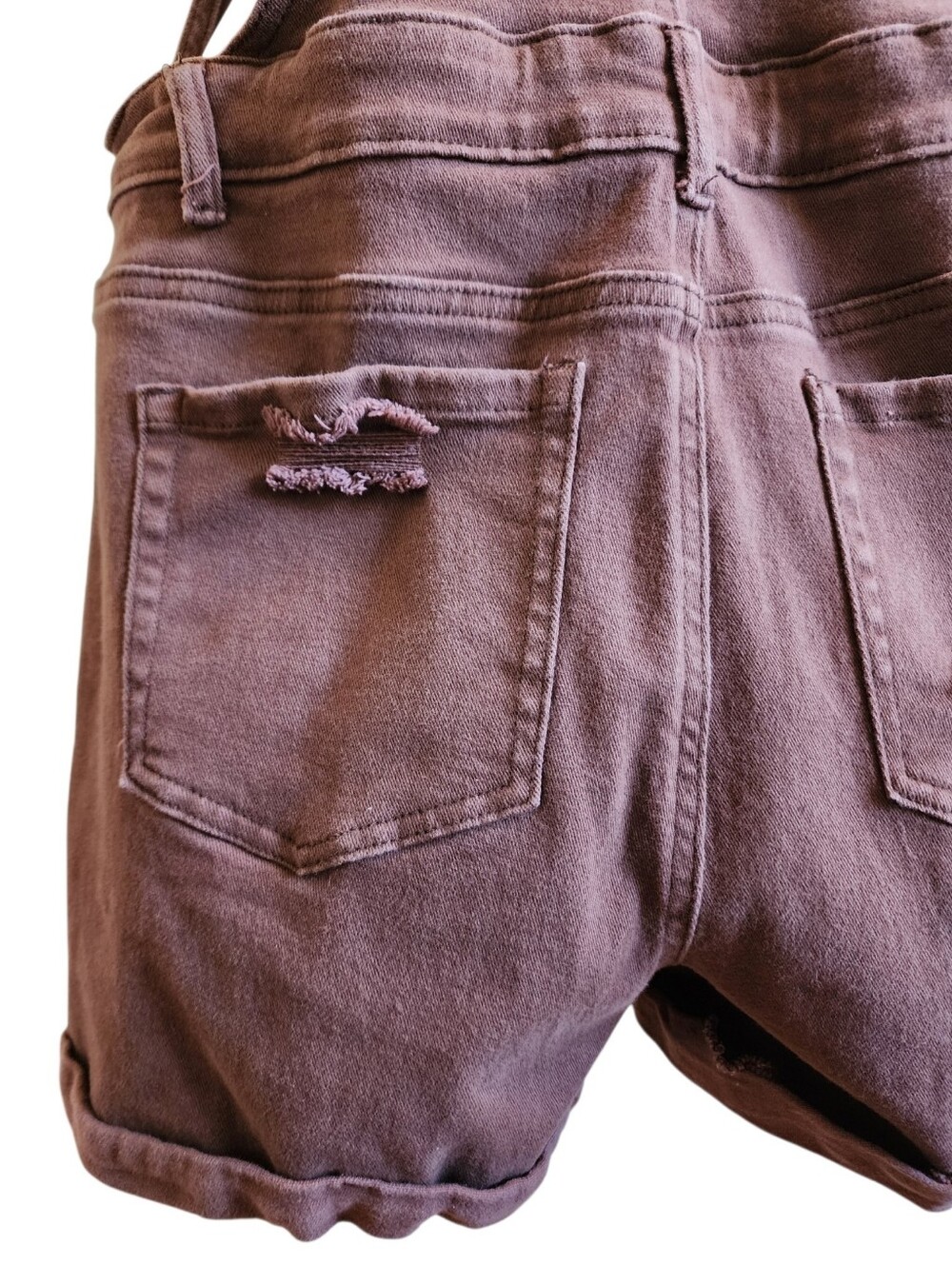 Overall brown denim shorts distressed casual adjustable straps, pockets, fun! - Picture 11 of 14